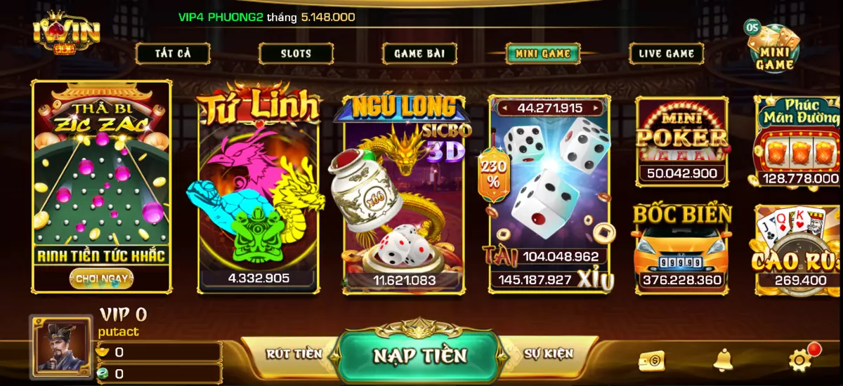 Giao diện minigames tại game bài iWinClub