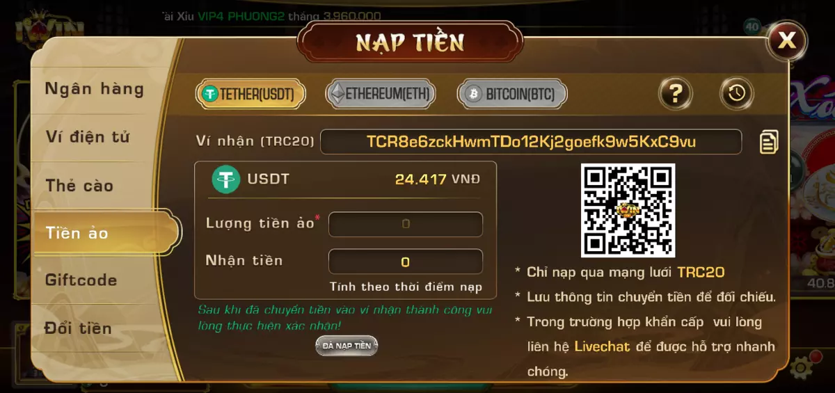 Nạp tiền bằng giao dịch Tiền ảo tại iWIn